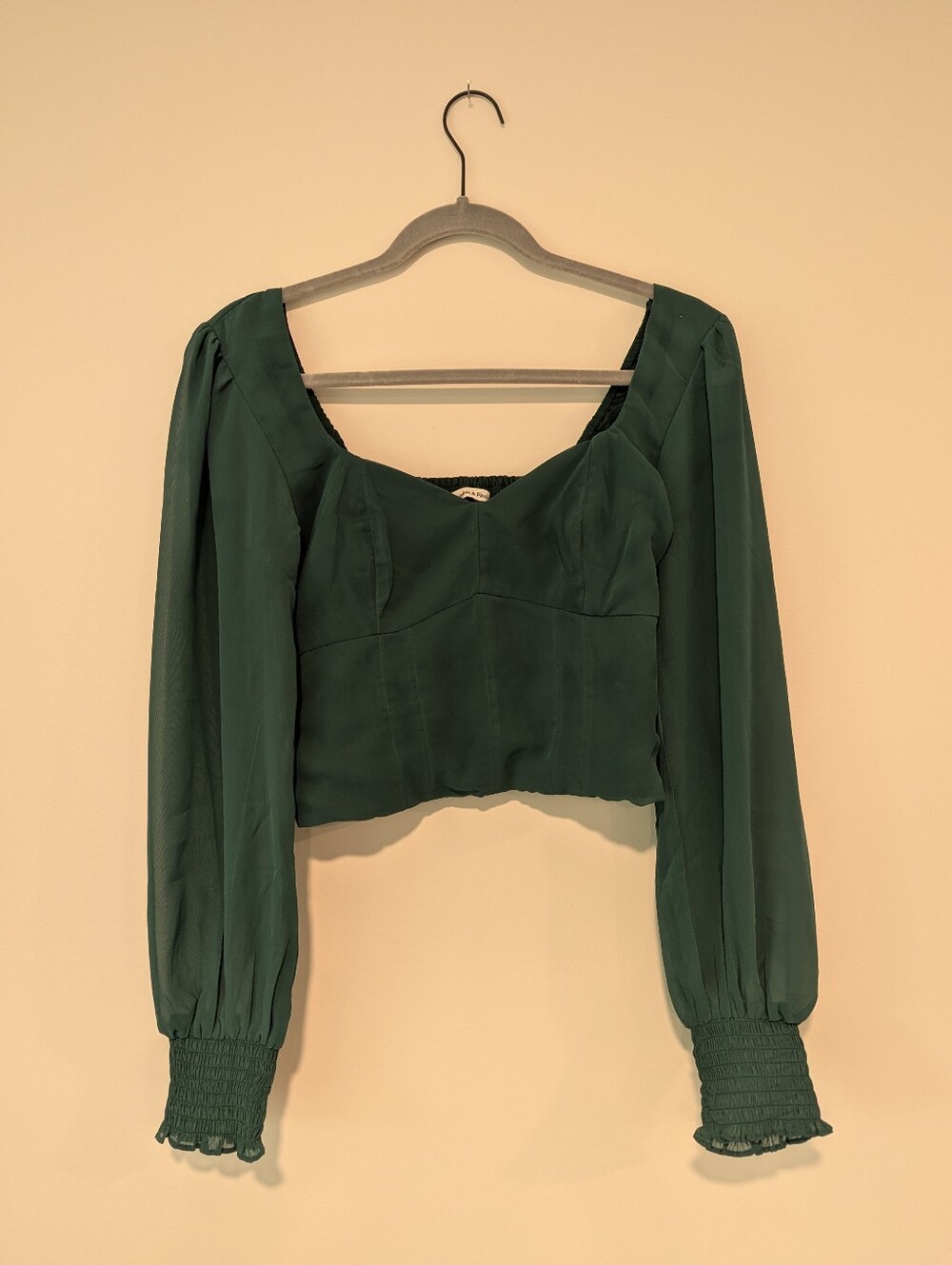 Abercrombie & Fitch Cropped Sheer Puffed Cuffed Long Sleeve Smocked Top